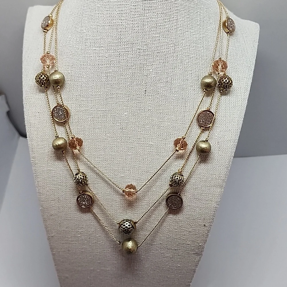 Three Strand Station Bead Ball Crystal Faux Pave Necklace - Picture 8 of 8